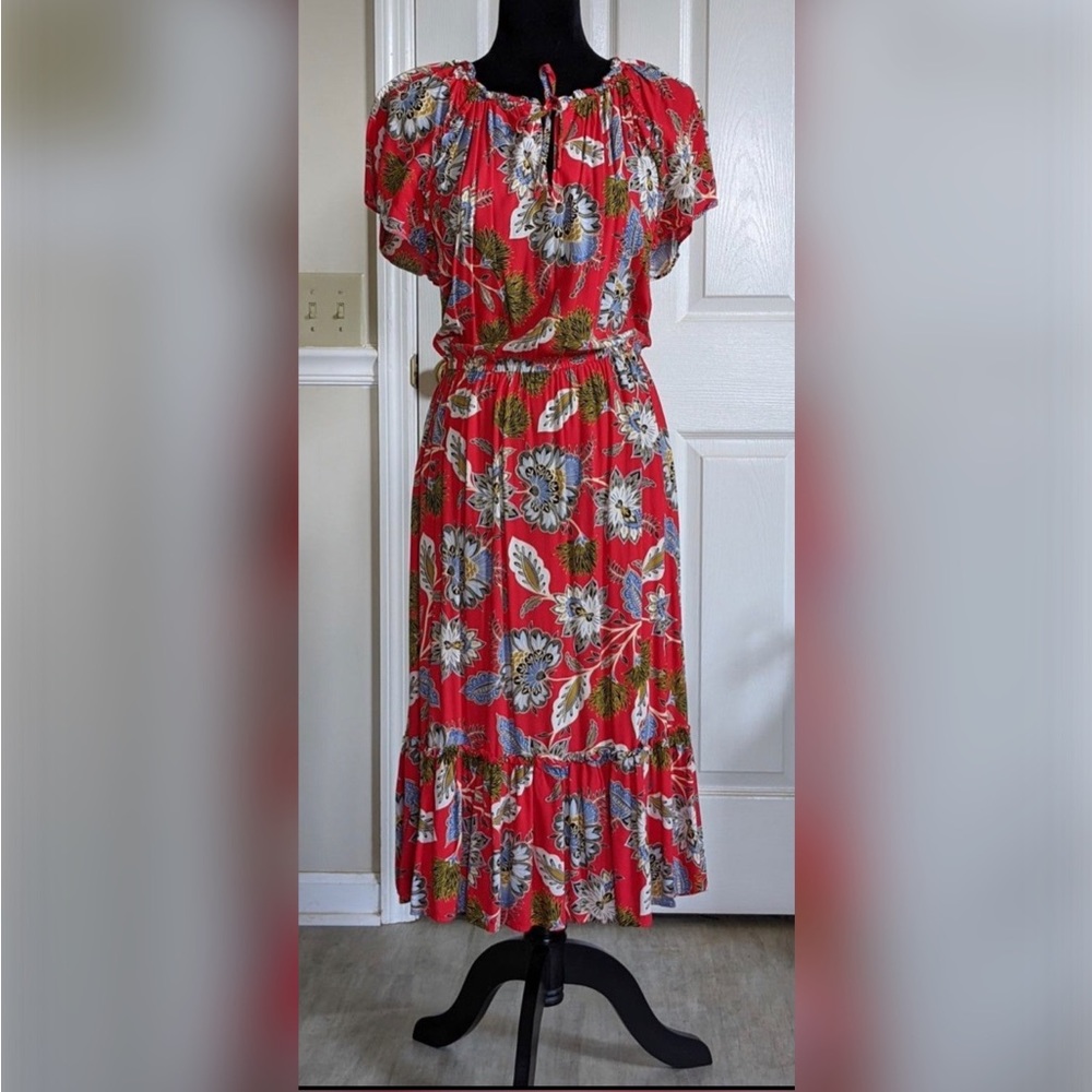 LOFT Red Floral Ruffle Midi Dress • Large
